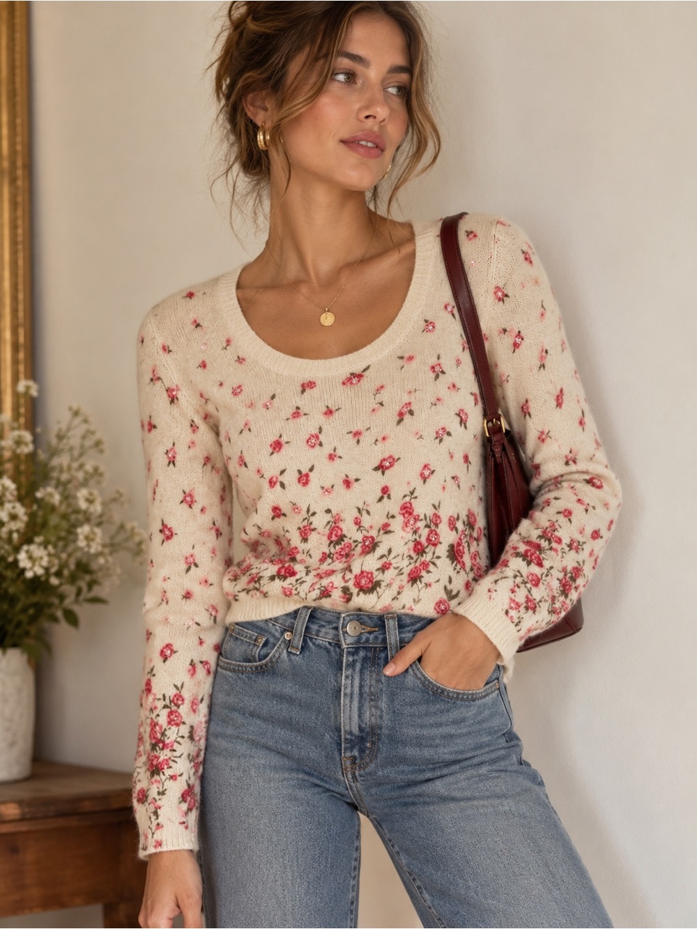 Cache vintage Floral Scoop Neck Pullover Sweater Angora wool coquette S sequins
